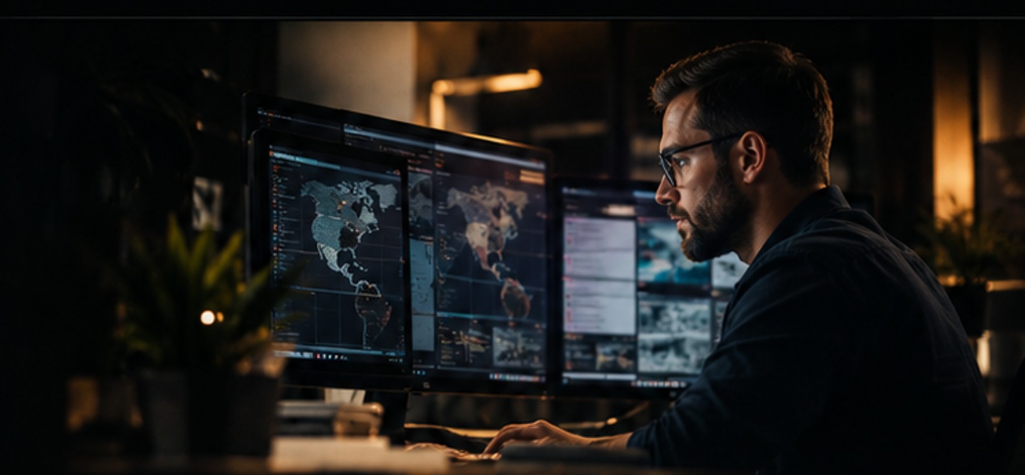 Remote logistics professional working across multiple operational screens